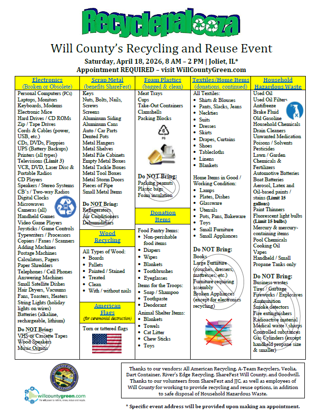 Click for Recyclepalooza Spring 2026 Flyer with list of accepted items.